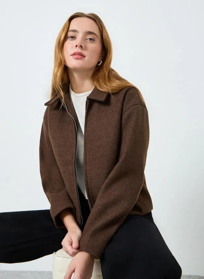 Take Two Women Brown Zip-Up Wool Jacket