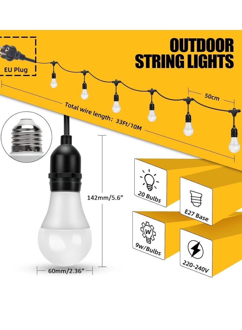 ESNCO 33FT Outdoor String Lights, Electric Plug-In Festoon Lights 10 Meter 20 LED Bulbs Cool White, Outdoor Waterproof Decorative Hanging Light String for Patio Garden Porch Yard  - Image 2