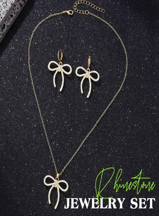 ايفينت طقم مجوهرات EARENT على شكل فيونكة، قلادة مرصعة بأحجار الراين الذهبية، طقم قلادات لعيد الميلاد ورأس السنة الجديدة للنساء - Image 2