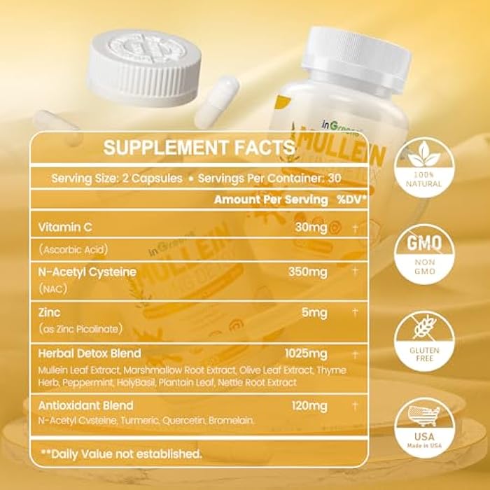 inGreens Mullein Leaf Extract 1530 Mg, 15-in-1 Herbal Supplements,Mullein Leaf Extract for Lungs,Bottled in USA - 60 Capsules - Image 4