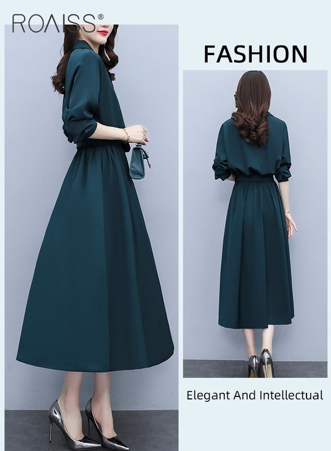 roaiss French Lapel Shirt Dresses for Women with Pocket Design Premium Solid Color Long Sleeve Buttoned Vertical Hem High Waist Dress Ladies Simple Elegant Temperament Wedding Guest Costumes - Image 2