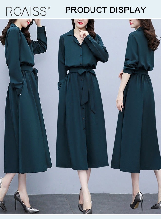 roaiss French Lapel Shirt Dresses for Women with Pocket Design Premium Solid Color Long Sleeve Buttoned Vertical Hem High Waist Dress Ladies Simple Elegant Temperament Wedding Guest Costumes - Image 3