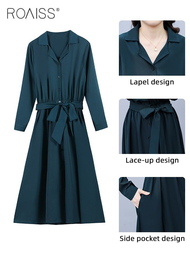 roaiss French Lapel Shirt Dresses for Women with Pocket Design Premium Solid Color Long Sleeve Buttoned Vertical Hem High Waist Dress Ladies Simple Elegant Temperament Wedding Guest Costumes - Image 4