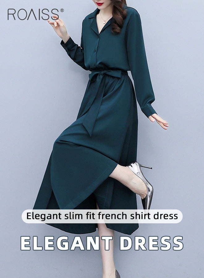 roaiss French Lapel Shirt Dresses for Women with Pocket Design Premium Solid Color Long Sleeve Buttoned Vertical Hem High Waist Dress Ladies Simple Elegant Temperament Wedding Guest Costumes - Image 1