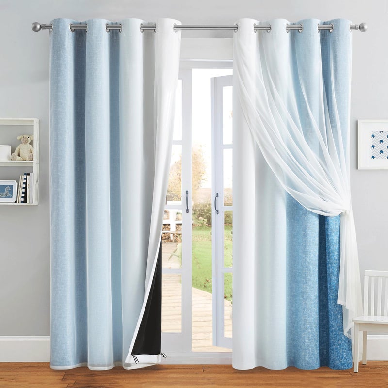 Geomoroccan 100% Blackout Curtains with Sheer Overlay Mix and Match Double Layer Drapes 84 Inch Long 2 Panels for Bedroom Living Room Blue White Ombre Grommet Window Treatment with Tiebacks - Image 1