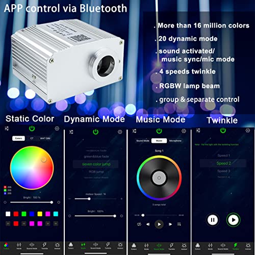 AZIMOM Bluetooth Control 10W RGBW Twinkle Fiber Optic Lights Star Ceiling Light Kit 200pcs*0.03in*6.5ft Fiber Cables Sound Activated APP/Remote Light Engine Car Use Home Interior Lighting Deco - Image 2