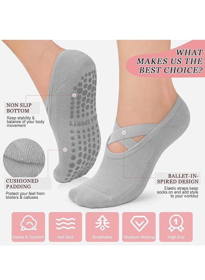 4 Pairs Pilates Socks for Women - Non Slip Grip Socks for Yoga, Barre, Hospital, Barefoot - Image 3