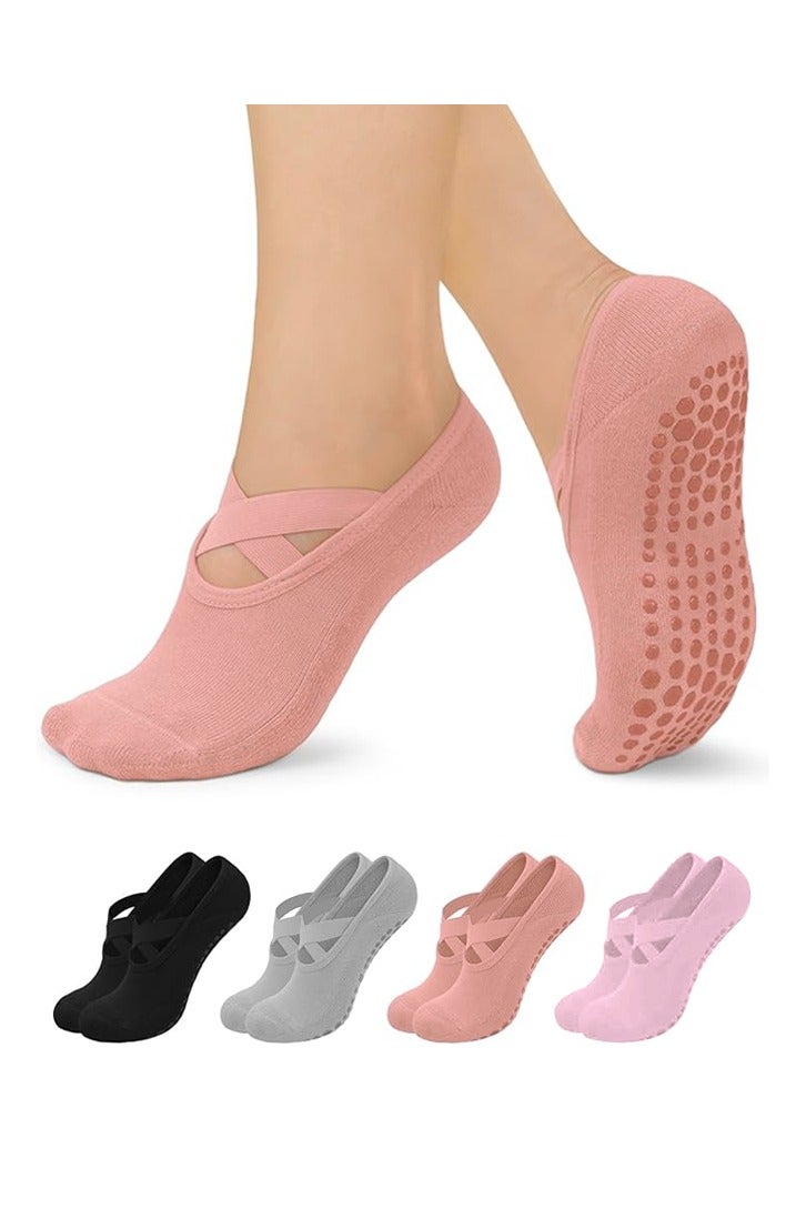 4 Pairs Pilates Socks for Women - Non Slip Grip Socks for Yoga, Barre, Hospital, Barefoot - Image 1
