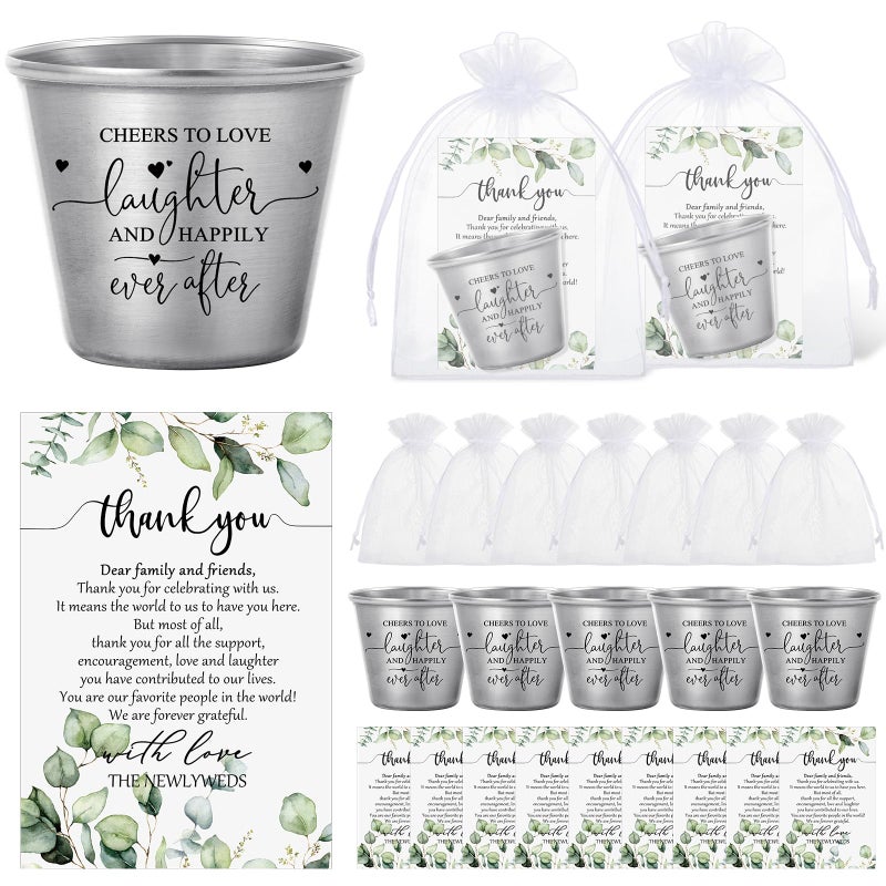 Uiifan 50 Set Wedding Favors for Guests 15 oz Shot Glasses with Gift Cards Bags Thank You Souvenirs for Wedding Party Stainless Steel Cups Laughter and Happily