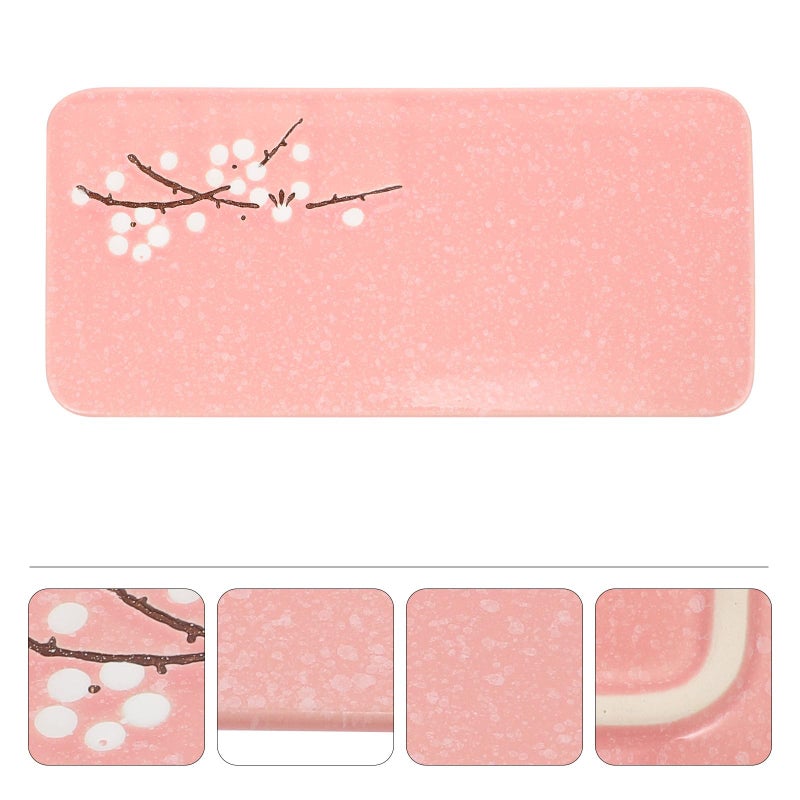Pink Ceramic Sushi Plate Rectangular Hand Painted Food Grade Storage Tray - Image 4