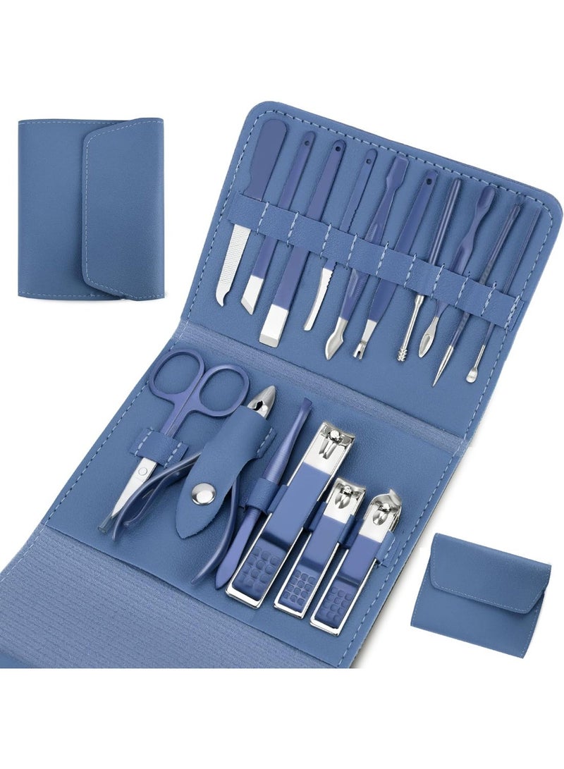 Double B traders Manicure Set Professional Nail Clippers Pedicure Kit, 16 pcs Stainless Steel Nail Care Tools Grooming Kit with Luxurious Travel Leather Case for Thick Nails Men Women Gift (Blue), One Size - Image 1