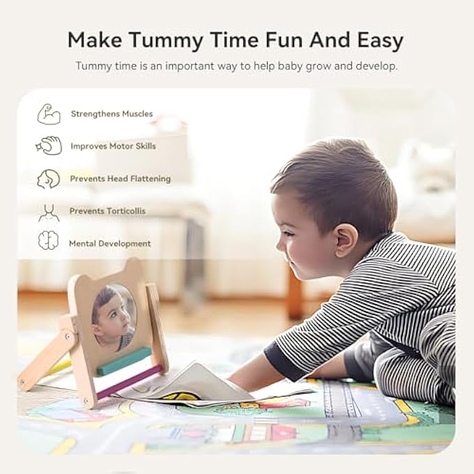 BABY MIRROR TOYS WITH 120 PAGES VISUAL STIMULATION CARDS - WOODEN TUMMY TIME MIRROR TOYS - GIFT FOR NEWBORN BOYS GIRLS 0-12 MONTHS SENSORY TOYS - Image 2