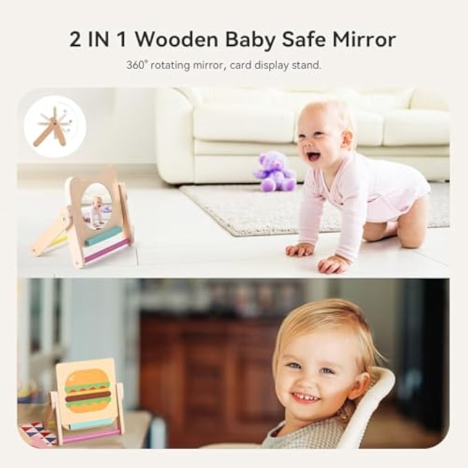 BABY MIRROR TOYS WITH 120 PAGES VISUAL STIMULATION CARDS - WOODEN TUMMY TIME MIRROR TOYS - GIFT FOR NEWBORN BOYS GIRLS 0-12 MONTHS SENSORY TOYS - Image 4