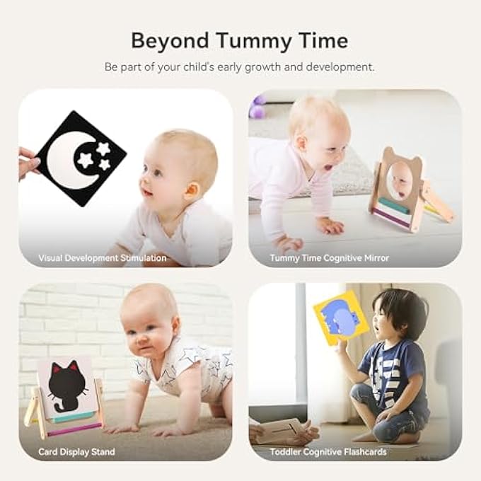 BABY MIRROR TOYS WITH 120 PAGES VISUAL STIMULATION CARDS - WOODEN TUMMY TIME MIRROR TOYS - GIFT FOR NEWBORN BOYS GIRLS 0-12 MONTHS SENSORY TOYS - Image 3