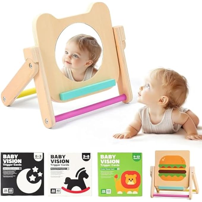 BABY MIRROR TOYS WITH 120 PAGES VISUAL STIMULATION CARDS - WOODEN TUMMY TIME MIRROR TOYS - GIFT FOR NEWBORN BOYS GIRLS 0-12 MONTHS SENSORY TOYS - Image 1