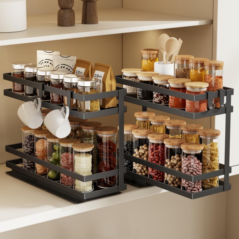Magheo Pull Out Spice Rack Organizer for Cabinet, 2 Pack Metal Seasoning Organizer Slide Out Spice Storage Shelf No Assembly Vertical Spice Rack Pullout for Kitchen & Bahthroom No Drill(2 Tier,Black) - Image 1
