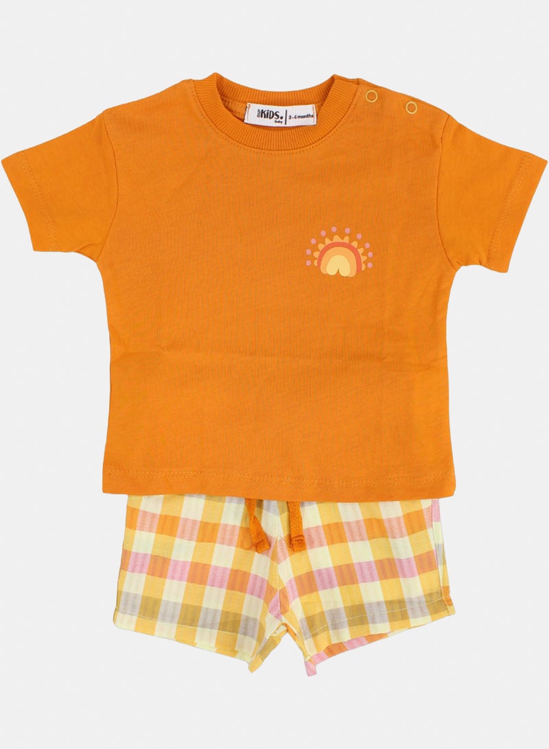 Baby Girls Cotton Pajama – Orange with Rainbow Print