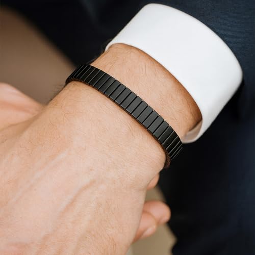 VAMA FASHIONS Stylish Mens Stainless Steel Stretchable Elastic Bracelets Casual Formal Silver Stretch Link Wristband Hand Bracelet for Men Boy's (Stainless Steel Black Men Wrist Band) - Image 4