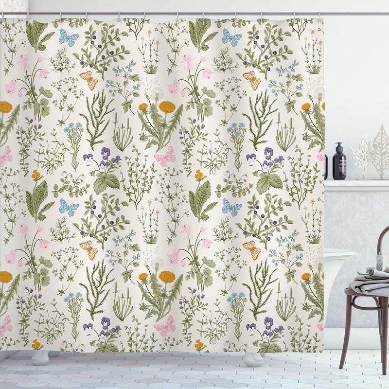 Ambesonne Ambesonne Floral Shower Curtain Vintage Farmhouse Decor Garden Flowers Botanical Classic 100% Polyester Cloth Fabric Set with Hooks for Bathroom Powder Room & Guestroom 69"" W x 70"" L  Green Orange - Image 1