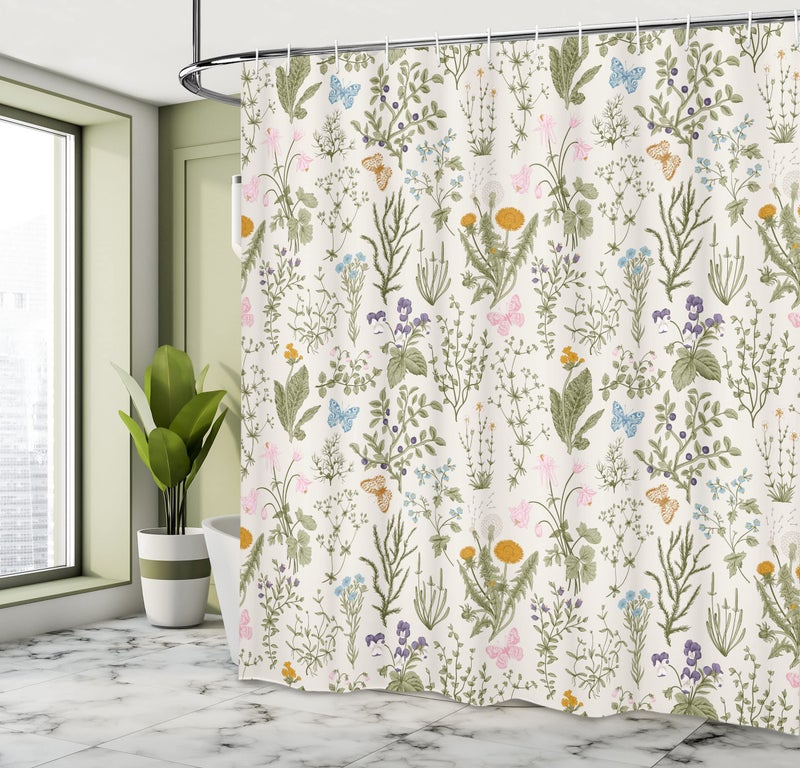 Ambesonne Ambesonne Floral Shower Curtain Vintage Farmhouse Decor Garden Flowers Botanical Classic 100% Polyester Cloth Fabric Set with Hooks for Bathroom Powder Room & Guestroom 69"" W x 70"" L  Green Orange - Image 4