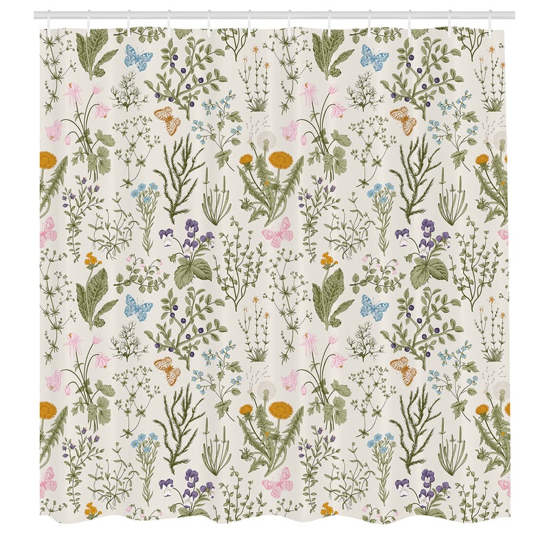 Ambesonne Ambesonne Floral Shower Curtain Vintage Farmhouse Decor Garden Flowers Botanical Classic 100% Polyester Cloth Fabric Set with Hooks for Bathroom Powder Room & Guestroom 69"" W x 70"" L  Green Orange - Image 2