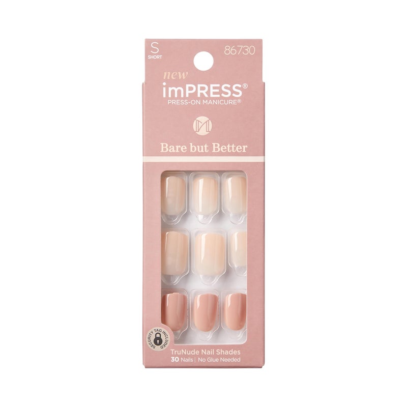 Impress KISS imPRESS No Glue Mani Press On Nails, , 'Simple Pleasure', Nude, Short Size, Squoval Shape, Includes 30 Nails, Prep Pad, Instructions Sheet, 1 Manicure Stick, 1 Mini File - Image 1