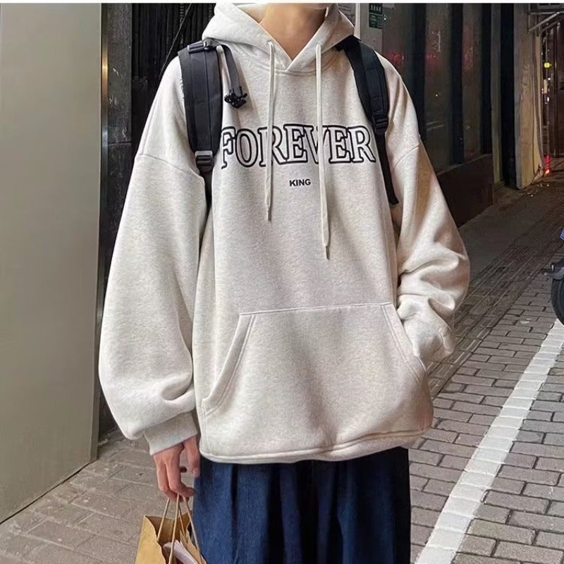 Mens Sweat Autumn and Winter fleece-lined Thickened oversize Niche fleece-lined Fashion Brand Autumn and Winter Hooded American Heavy light gray-fleece-lined - Image 1