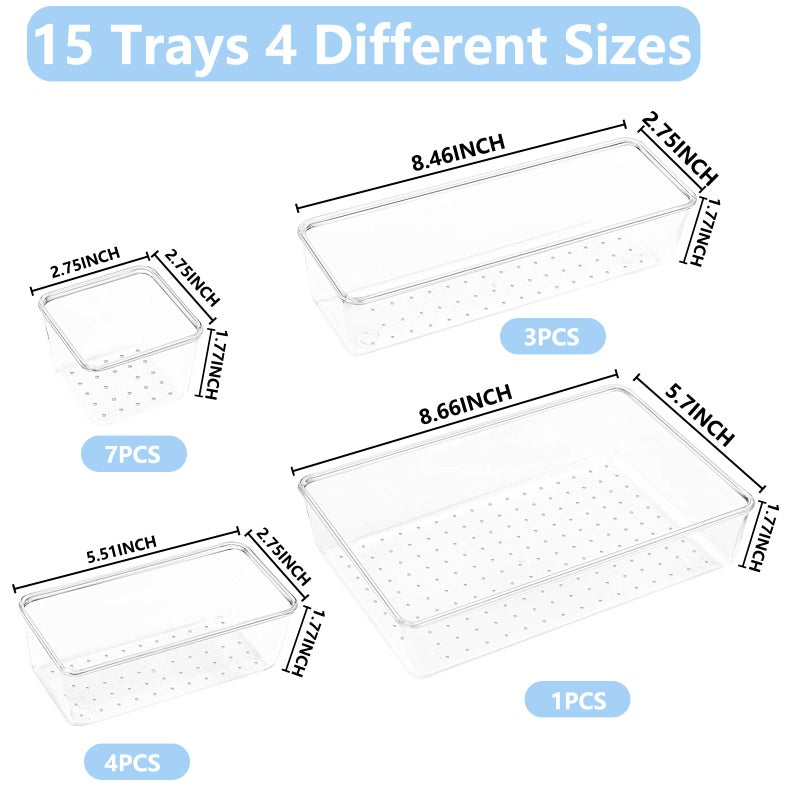 OjpZorynic 15PCS Clear Drawer Organizer Set, 4 Sizes Desk Drawer Divider Organizers Storage Bins for Bathroom,Kitchen,Office,Vanity Organizers Tray for Jewelry, Makeup, Junk, Gadgets - Image 5
