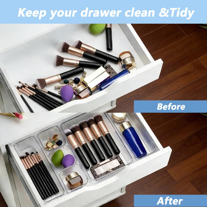 OjpZorynic 15PCS Clear Drawer Organizer Set, 4 Sizes Desk Drawer Divider Organizers Storage Bins for Bathroom,Kitchen,Office,Vanity Organizers Tray for Jewelry, Makeup, Junk, Gadgets - Image 4