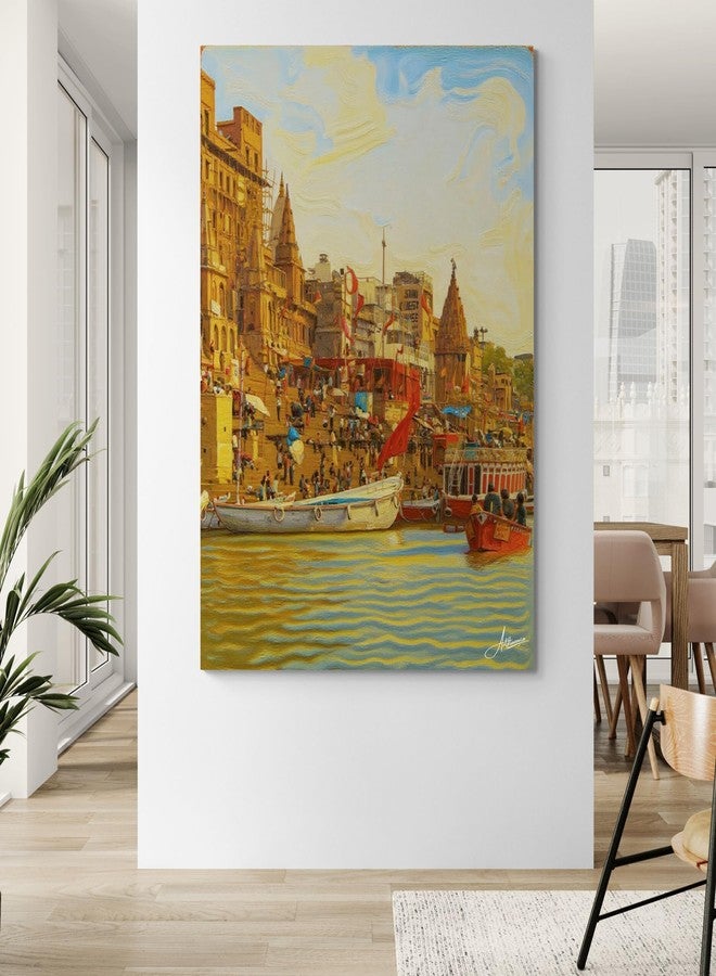 Artfluence لوحة جدارية من قماش الكانفاس، تصور معبدًا هندوسيًا روحانيًا، بألوان دافئة، مناسبة لتزيين جدران غرفة المعيشة. مقاومة للبهتان، جاهزة للتعليق، مؤطرة، ملفوفة، مقاس 24 × 16 بوصة. - Image 1
