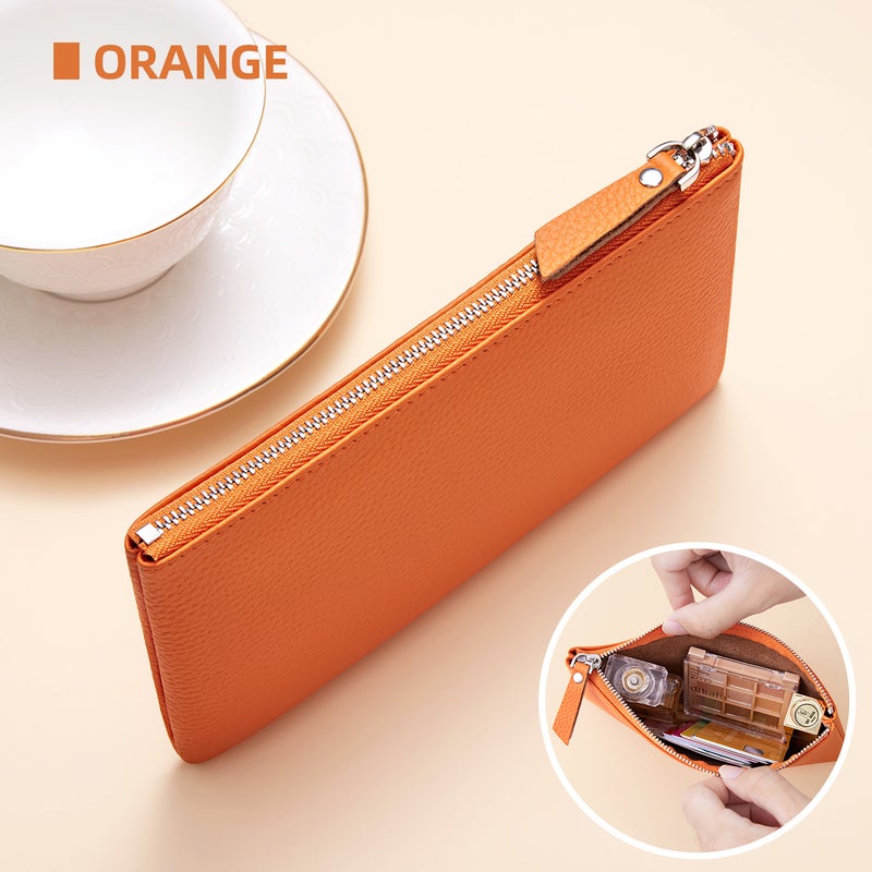 banyanu Leather Cosmetic Bag, Simple And Convenient Handbag, Small And Exquisite Storage Bag (Orange) - Image 1