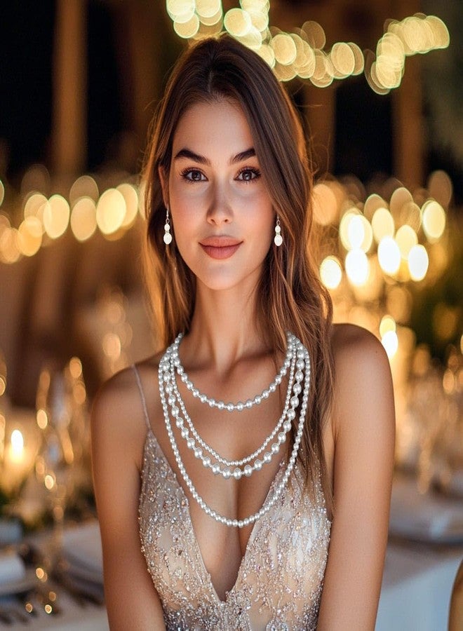 Gangel Pearl Necklace Earring Set Layered Faux Pearl Necklaces Vintage Bridal Jewelry Multi Strand Pearls Necklace for Women - Image 2