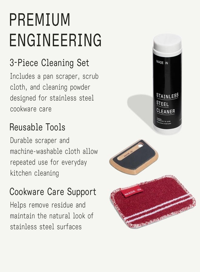 Madein Made In Cookware | 3-Piece Stainless Steel Cleaning Set | Includes Pan Scraper, Scrub Cloth & Stainless Steel Cleaner | Complete Cleaning System | Crafted in USA - Image 2