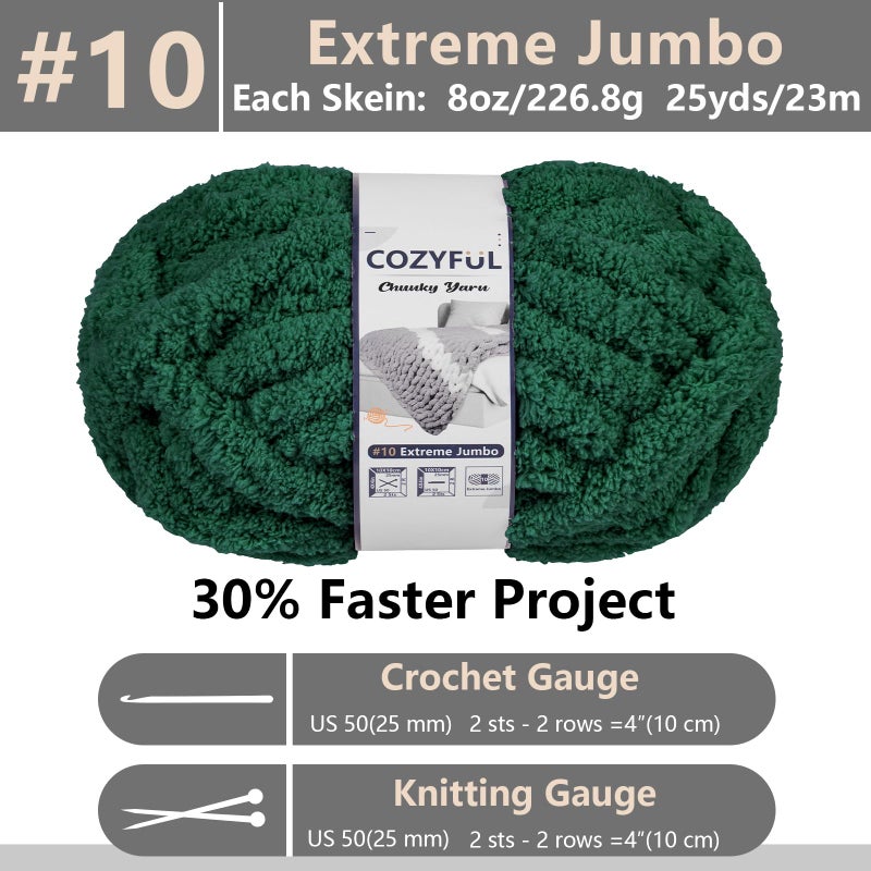 Cozyful Chunky Yarn for Hand Knitting - #10 Chunky Chenille Yarn, Jumbo Big Thick Chunky Yarns for Crocheting, Super Bulky Chunky Knit Blanket Yarns, 8 Skein (25 yds 8 oz Each Skein), Forest Green - Image 2