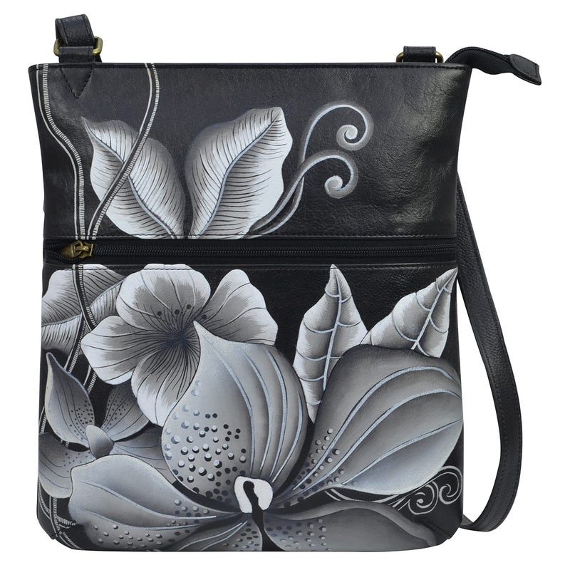 Anna by Anuschka Womens Genuine Leather Slim Cross Shoulder Bag Hand Painted Original Artwork Exterior Midnight Floral Black