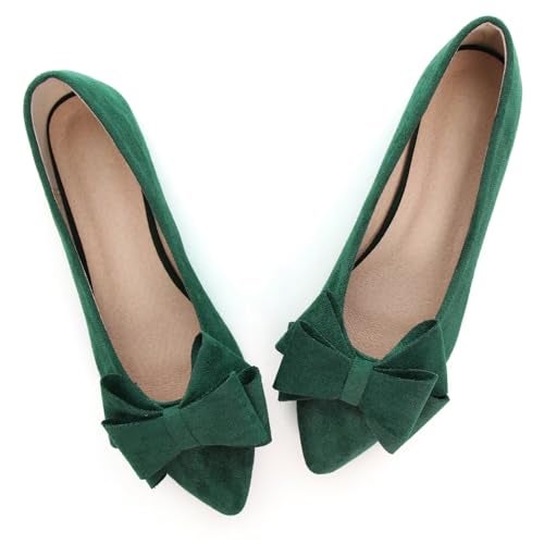 SAILING LU Bow-Knot Ballet Flats Womens Pointy Toe Flat Shoes Suede Dress Shoes Wear to Work Slip On Moccasins Green Size 10.5 - Image 4