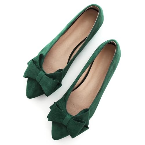SAILING LU Bow-Knot Ballet Flats Womens Pointy Toe Flat Shoes Suede Dress Shoes Wear to Work Slip On Moccasins Green Size 10.5 - Image 1