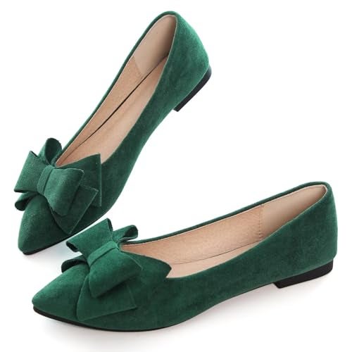 SAILING LU Bow-Knot Ballet Flats Womens Pointy Toe Flat Shoes Suede Dress Shoes Wear to Work Slip On Moccasins Green Size 10.5 - Image 3