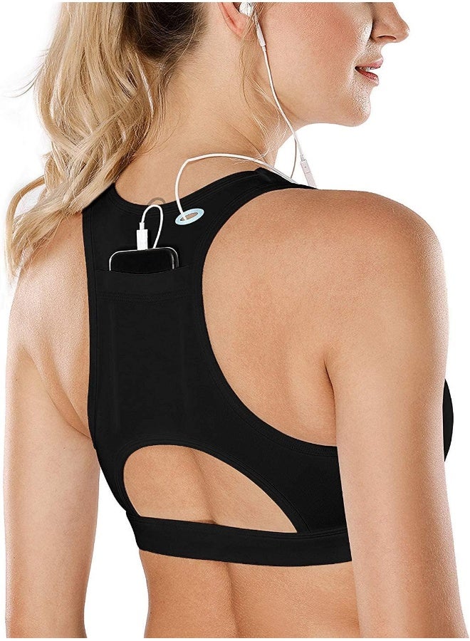 Rubik Sports Bra for Women with Phone Holder Back Pocket, Racerback Shockproof Quick Dry Padded Seamless High Impact Bra for Yoga Gym Workout Fitness (X-Large, Black) - Image 1