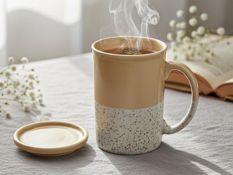 Bodhi House Ceramic Hand Glazed Tea and Coffee Mug with Coaster - 300ml | Set of 1 | Microwave & Dishwasher Safe | for Home Office - Beige - Image 1