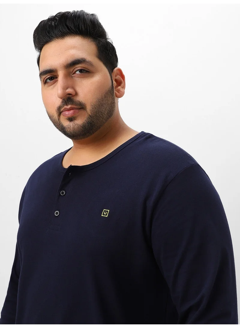 Urbano Fashion  Urbano Plus Men's Navy Blue Solid Henley Neck Regular Fit Full Sleeve Cotton T-Shirt  | Best Price UAE