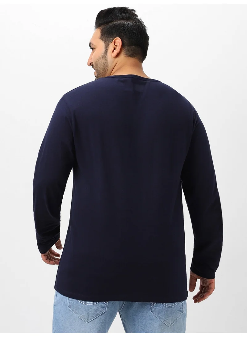 Urbano Fashion  Urbano Plus Men's Navy Blue Solid Henley Neck Regular Fit Full Sleeve Cotton T-Shirt  | Best Price UAE