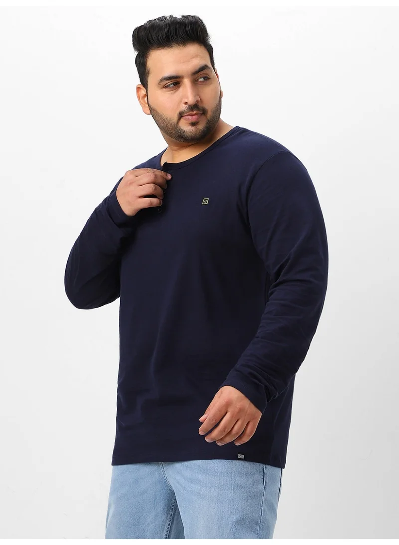 Urbano Fashion  Urbano Plus Men's Navy Blue Solid Henley Neck Regular Fit Full Sleeve Cotton T-Shirt  | Best Price UAE