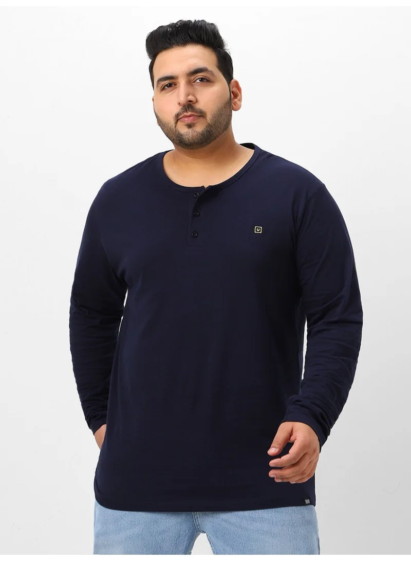 Urbano Plus Men's Navy Blue Solid Henley Neck Regular Fit Full Sleeve Cotton T-Shirt