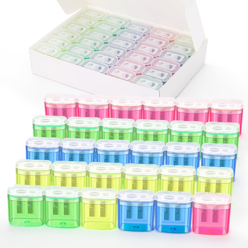 JEFURE 30 Pcs 2 Holes Small Manual Pencil Sharpener with Lid, Colored Handheld Dual Hole Pencil Sharpeners Bulk, Crayon Colored Pencils Sharpener, Pencil Sharpener for Kids, Office, School, Classroom - Image 1