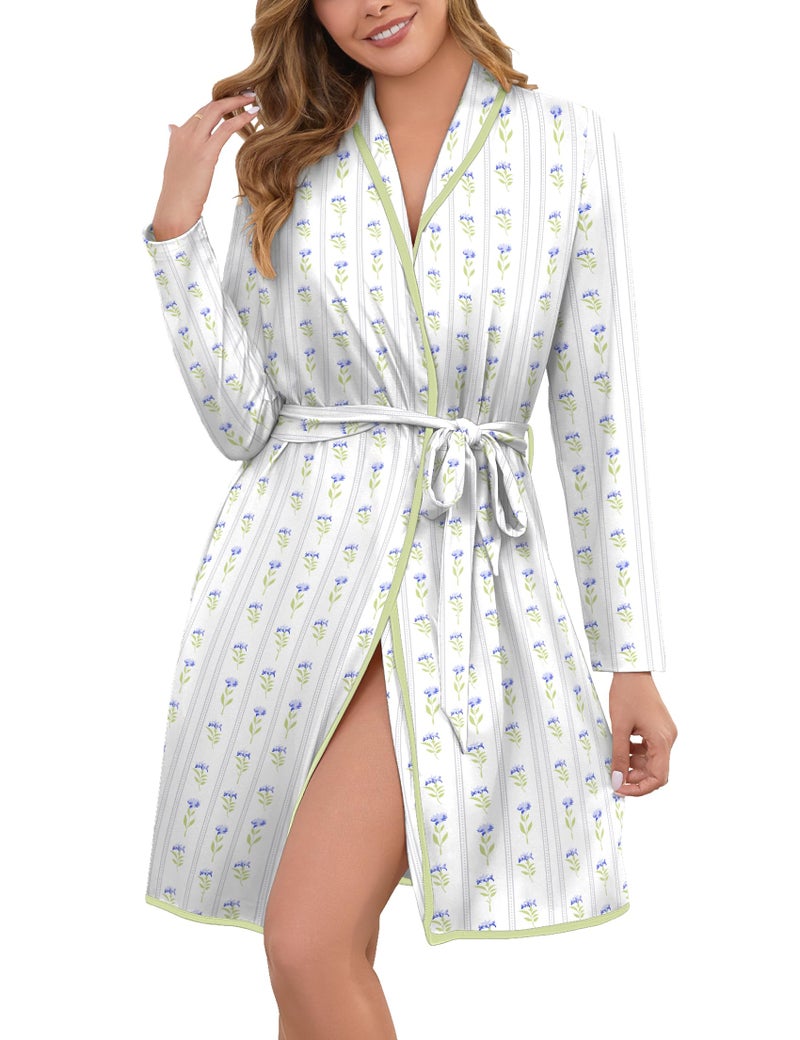 Namatime Robes for Women Print Long Sleeve Kimono Bath Robe Lightweight House Coat Bathrobe Loungewear with Pockets White Green Flowers X-Large - Image 1