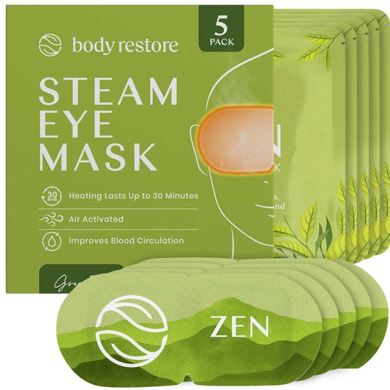 Body Restore Heated Eye Mask for Dry Eyes 5 Pack - Self Heating Warm Compress, Christmas Stocking Stuffers, White Elephant, Birthday Gifts for Women, Men, Stye Eye Treatment, Relaxation - Green Tea - Image 1