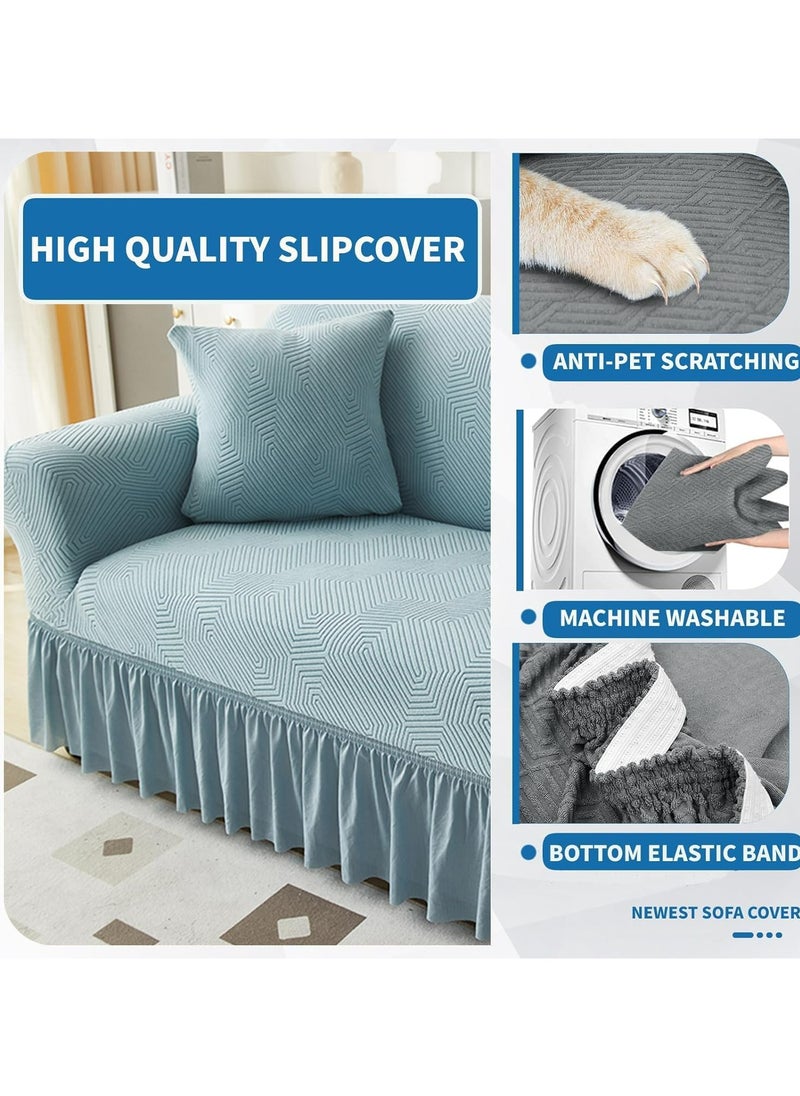 Dominy Sofa Cover with Skirt, Stretch Sofa Slipcover Spandex Non-Slip Soft Couch Covers, Washable Furniture Protector with Anti-Skid Foam and Thick Elastic Cord for Kids (Blue, 3 Seater)  - Image 2