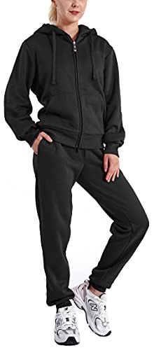 LeeHanTon Sherpa Matching Lounge Jogger Sets for Women Going Out Thick Active 2 Piece Set Fleece Zip Up Hoodie Jacket Pants Set Black Large - Image 1