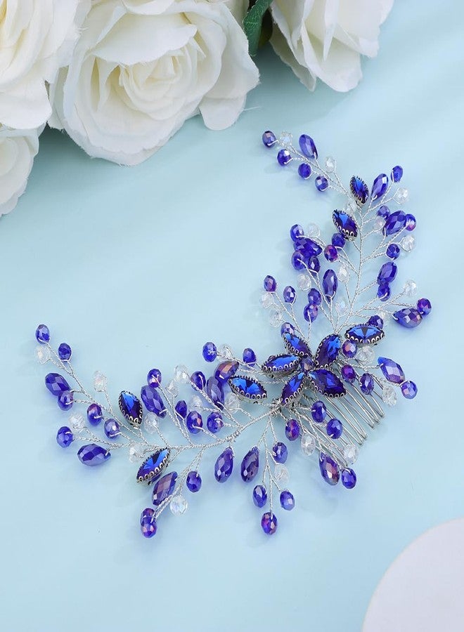 Denifery Bridal Crystal Rhinestone Hair Side Comb - Handmade Blue Flower Wedding Hair Accessories for Women Girls - Image 3